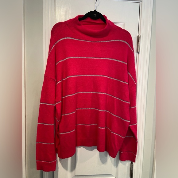 NWT Kim Rogers Size L Pink Silver Stripe Metallic Mock Neck Oversized Sweater - Picture 1 of 10